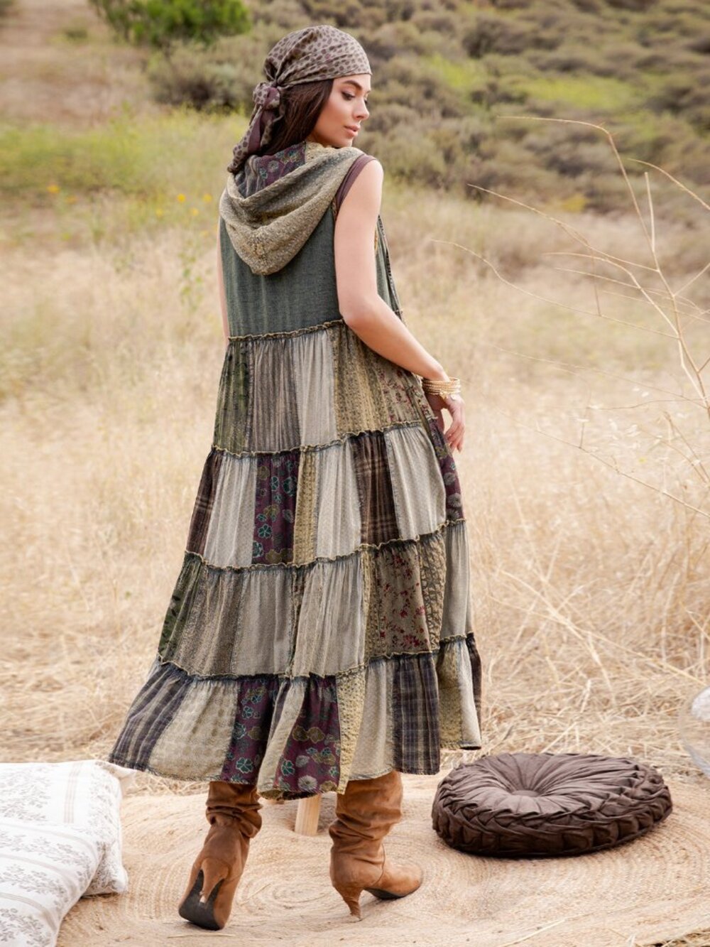 Boho Patchwork Tiered Button-Front Maxi Dress / Duster-GRAVEL(NEW COLOR) - Picture 2 of 6